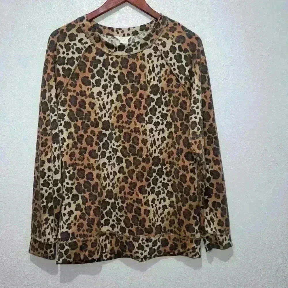 Women's Caslon Leopard Print Long Sleeve Shirt Size M Brown